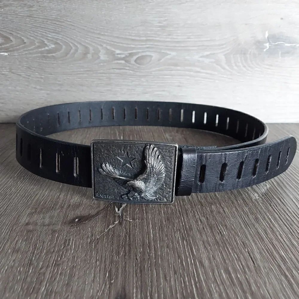 Express Black Leather Perforated Belt Star Eagle Metal Buckle Size 32